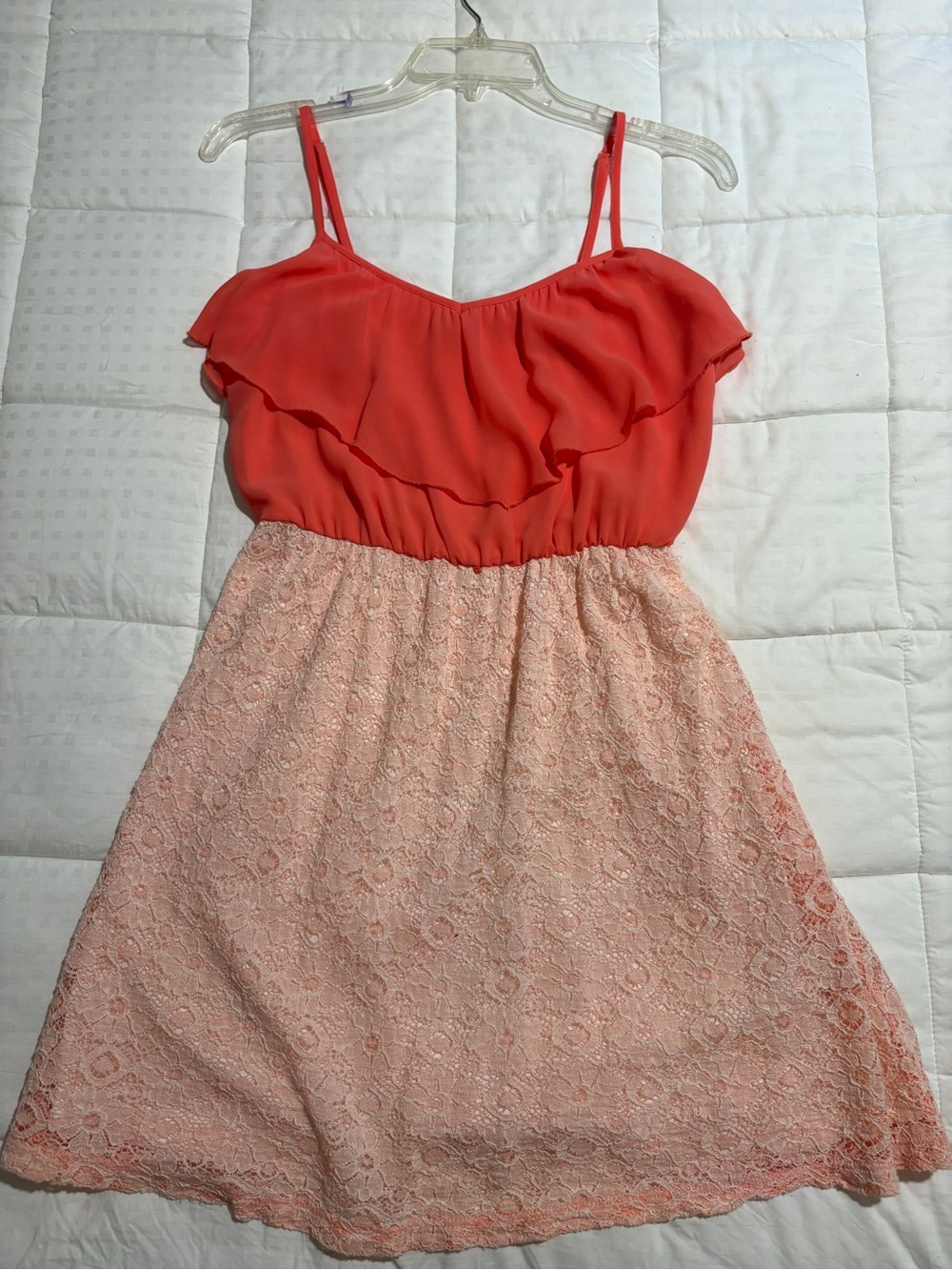 Coral Pink Lace Skater Dress - spaghetti strap Ruffle neckline